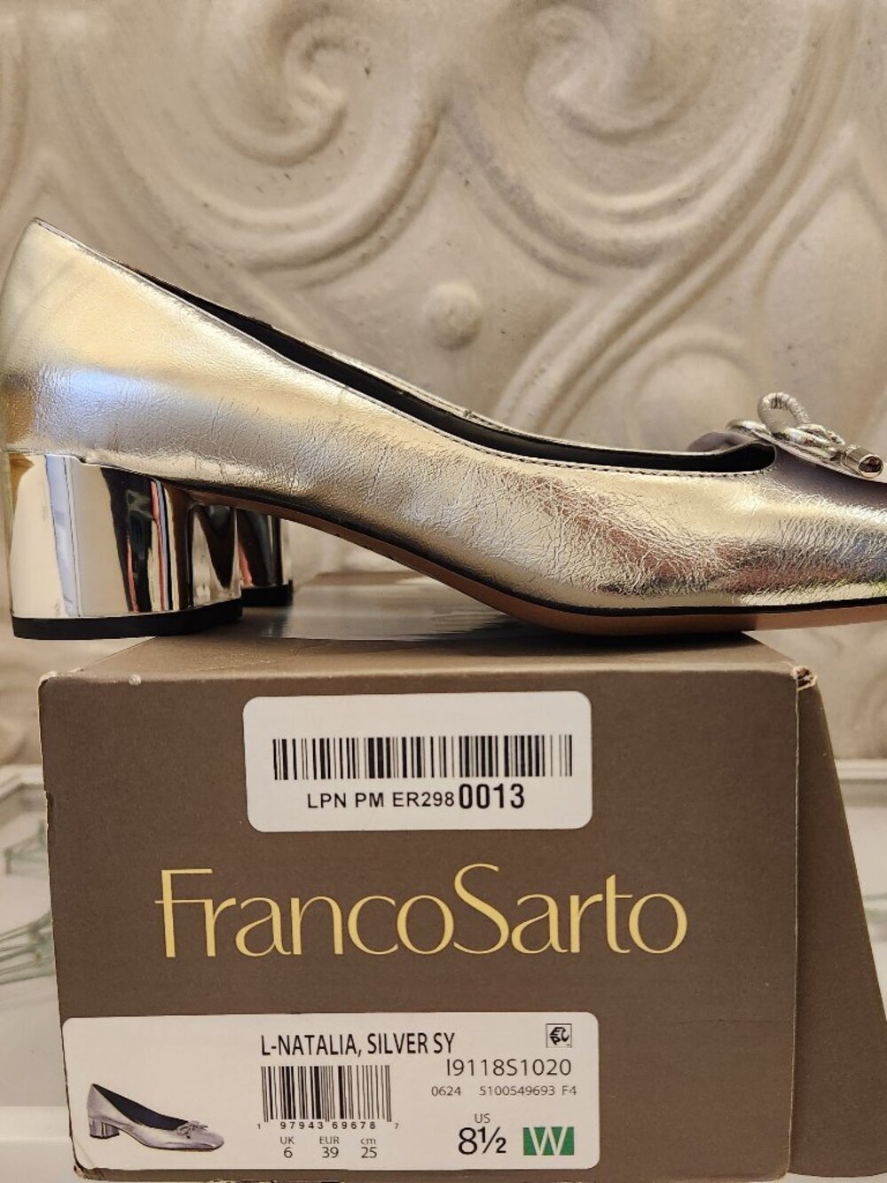 Franco Sarto "Natalia" Silver Block Heels. NIB. Size 8.5 Wide